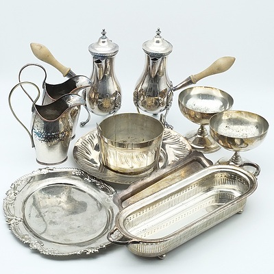 Group of Silver Plate Including Porcelain Mounted Container, Two Stomp Raised Comports and More