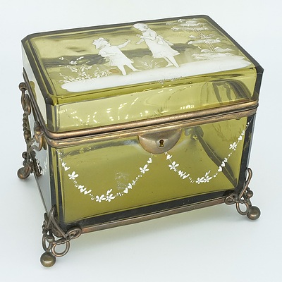 Victorian Mary Gregory Enamelled Green Glass Box with White Enamel Decoration and Gilt Metal Mounts