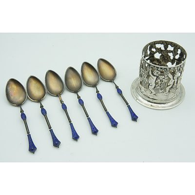 Six Sterling Silver and Enamel Tea Spoons Birmingham 1897 and A 800 Silver Rouposse Candle Lantern