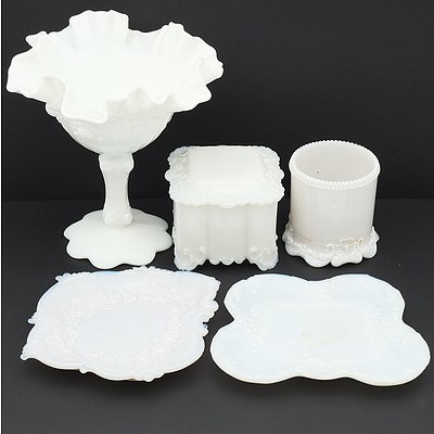 Milk Glass Crimped Edge Comport, Two Dishes, Jewellery Box and Candle Lantern