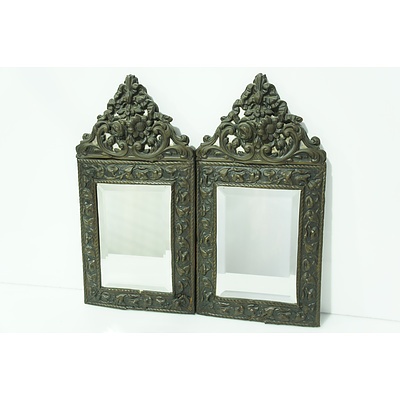 Pair of Floral Moulded Metal Mounted Beveled Mirrors