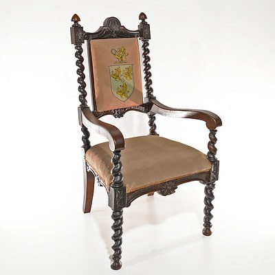 Large Late Victorian Jacobean Style Oak Armchair with Heraldic Tapestry