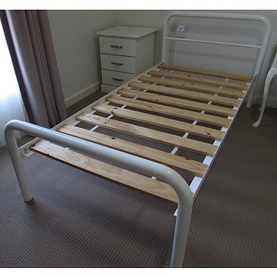 Single White Metal Bed Frame, Side Table, Drawers and Cabinet