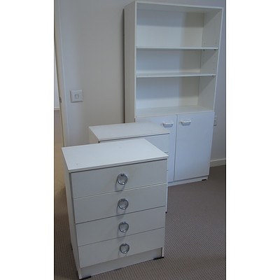 Single White Metal Bed Frame, Side Table, Drawers and Cabinet