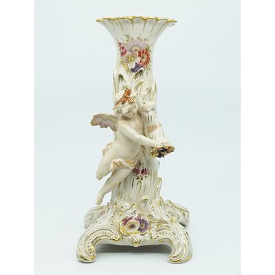 Continental Hand Painted Floral and Gilt Porcelain Candlestick with Cherub