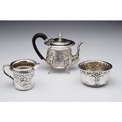 Three Piece Embossed Sterling Silver Tea Set Birmingham 1899, 1902, 1907