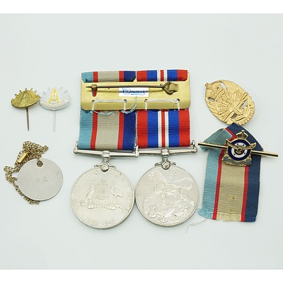 Two Australian Second World War Service Medals and Various Other Pins and Badges