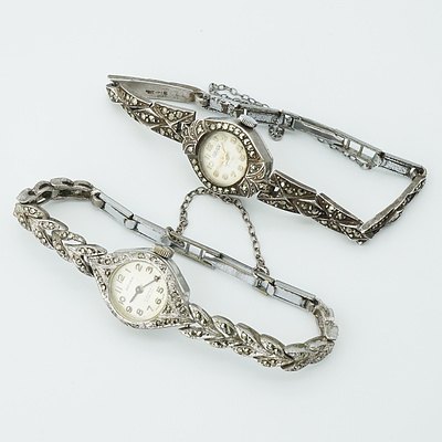 Two Swiss Silver and Marcasite Ladies Wrist Watches, Orven and Adura