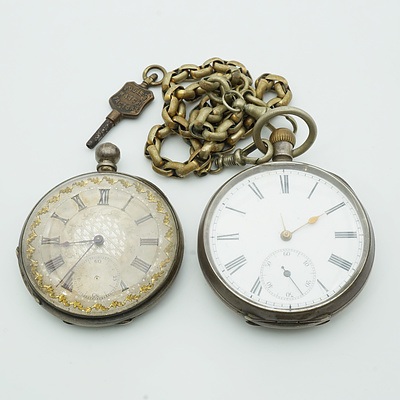 Engine Turned 0.935 Silver Case Hunters Pocket Watch and Another Ornately Faced Hunters Pocket Watch