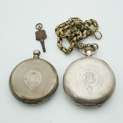 Engine Turned 0.935 Silver Case Hunters Pocket Watch and Another Ornately Faced Hunters Pocket Watch