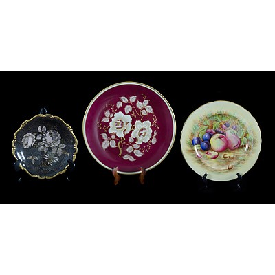 3 Var China Serving Dishes. Incl. Rosenthal, floral platter, (dia 34cm); Rosenthal 'Foride' footed comport (dia 22cm); & Aynsley fruit decorated plate (dia 27cm).