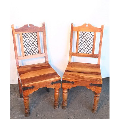 Pair of Solid Indian Sheesham Chairs with Cast Metal Back