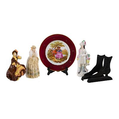 8 Various Items. Five figurines; Limoges cabinet plate; pair of shoe-form bookends; & a pair of vases