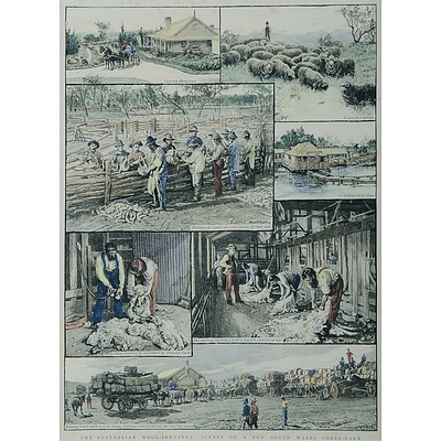 4 Australian Views: 'General View of Sydney,' 'Pitt Street Sydney, 'The Australian Wool Industry,' 'Edgecliff, c1875,'