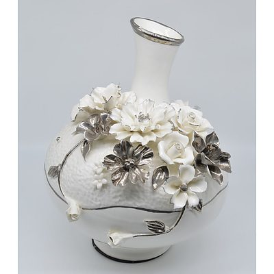 Italinate style Floral Incrusted Creamware Vase with Silver Gilt Glaze