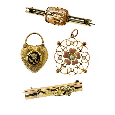 4 Var 9ct Pce's. Incl. 2 brooches, 1 set citrine; pendant set with opal pearl & enamel; & heart shaped mourning padlock clasp