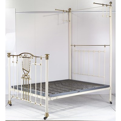 Antique Double Brass Bed Frame with Central Brass Lyre and and Brass Ball Finials 