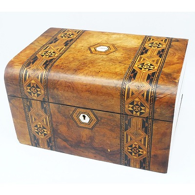 Victorian Ladies Walnut and Marquetry Writing Chest with Mother of Pearl Escutcheon and Badge