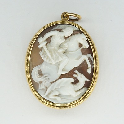 Gold Plated and Carved Shell Cameo Pendant Depicting Saint George Slaying the Dragon