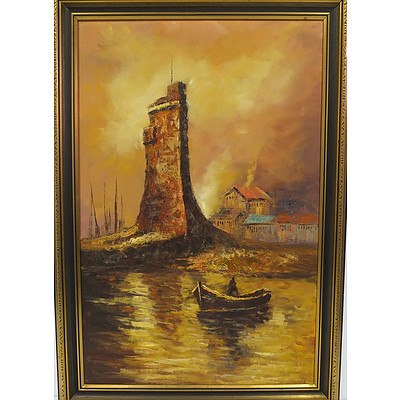 Unknown Artist Boat and Battlement Scene Oil on Canvas
