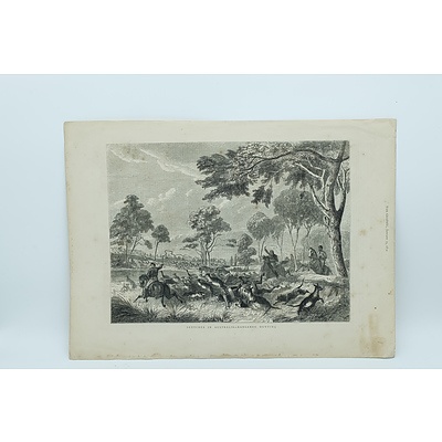 Seven Unframed Australian Antiquarian Engravings Including Kangaroo Hunting, Night Scene in The Diggings and More