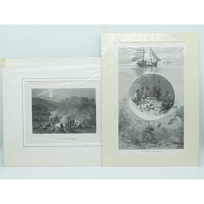 Seven Unframed Australian Antiquarian Engravings Including Kangaroo Hunting, Night Scene in The Diggings and More