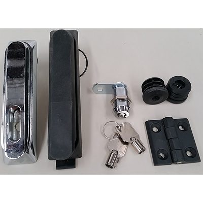 Collection of Server Rack Door Locks, Hinges, Leveling Plugs and Hinges