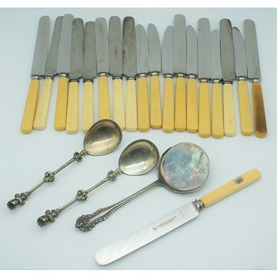 Group of Vintage J.A.Henckels Knives, Two Cherub and Scroll Serving Spoons and Vintage Woven Cane Picnic Basket