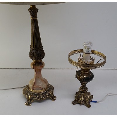 Antique Brass & Onyx Lamp and Another
