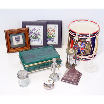 Grenadier Guard Decorated Champagne Bucket, Stained Alabaster Jewellery Box, Two Needleworks and More 