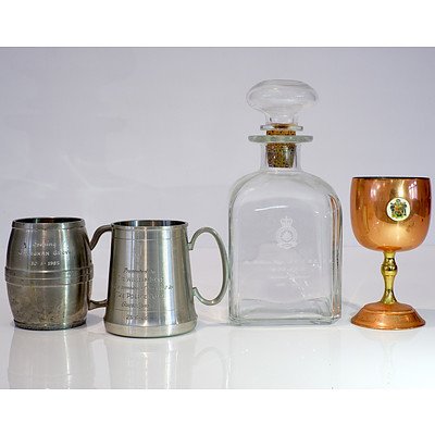 Glass Decanter, Two Pewter Mugs and a Copped Wine Glass Presented to Sir William Keys 