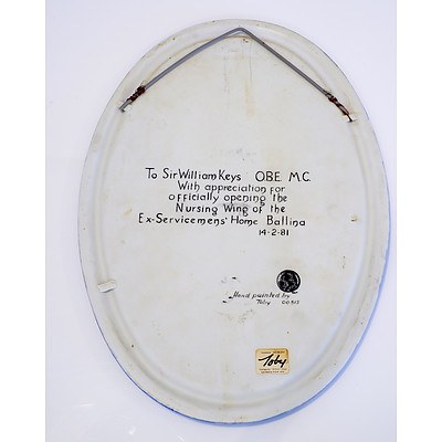 Hand Painted Porcelain Dish by Toby Presented to Sir William Keys for Opening the Nursing Wing of the Ex-Servicemens Home Ballina 1981