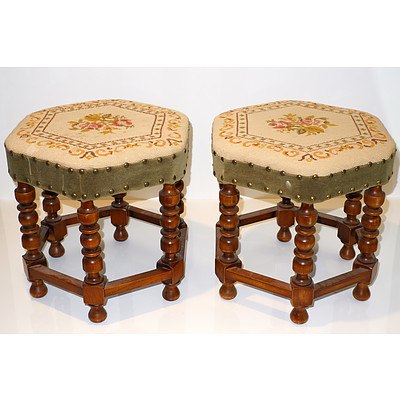 Pair of Anglo Chinese Hexagonal Footstools with Tapestry Seats