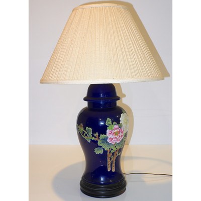 Blue Glazed Korean Ceramic Table Lamp Hand Painted with Peony