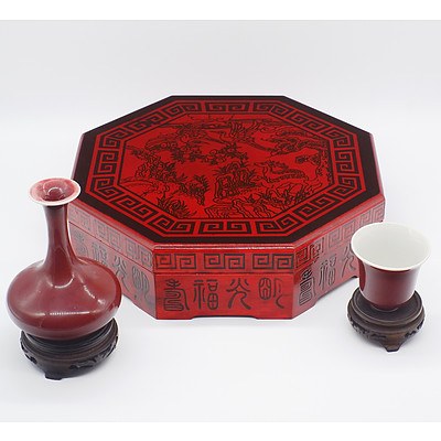 Asian Octagonal Lacquer Box and Two Ox Blood Ceramics