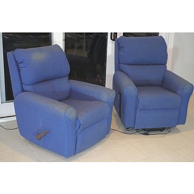 One Electric and One Manual Blue Fabric Upholstered Armchairs