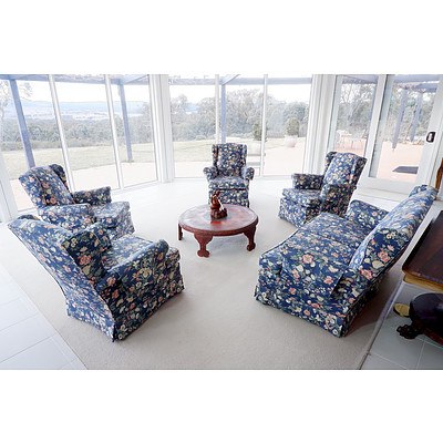 Vintage Sanderson Linen Upholstered Five Piece Lounge Suite