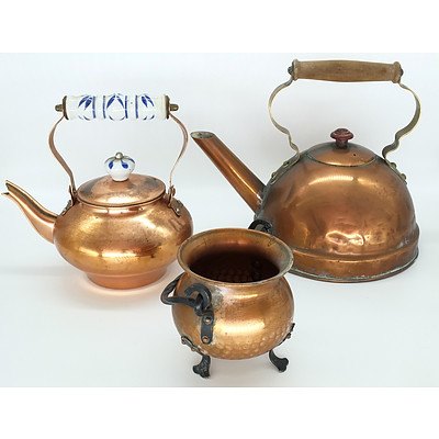 Two Copper Teapots and a Spittoon