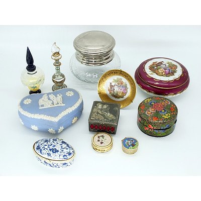 Group of Jewellery and Trinket Boxes, Including Wedgwood, Limoges, and More