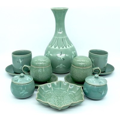 Group of Vintage Korean Celadon Bowls and a Vase