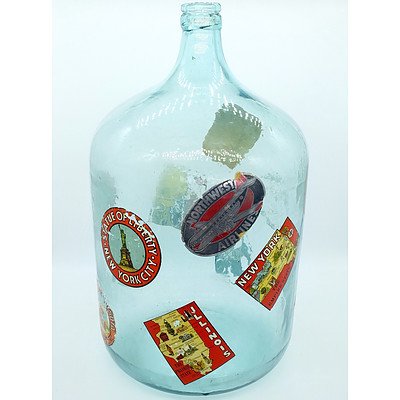 Vintage Hand Blown Glass Bottle with Various Travel Stickers