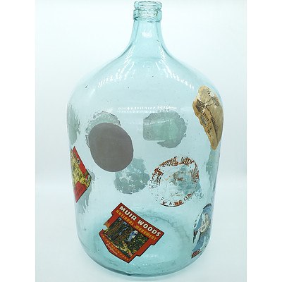 Vintage Hand Blown Glass Bottle with Various Travel Stickers