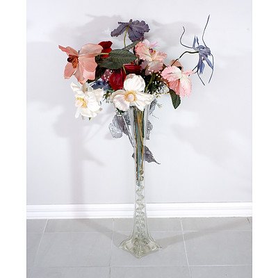Tall Bohemian Blown Glass Dining Table Vase with Silk Flower Arrangement
