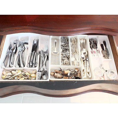 Large Group of Silver Plate and Stainless Flatware, Including Fish Knives and Forks, Basting Spoons and More 