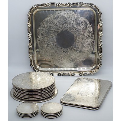 Group of Strachan Coasters and a Galleon Silver Plate Tray