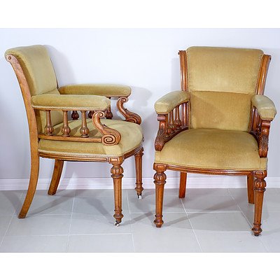 Pair of Late Victorian Walnut and Olive Green Velvet Upholstered Drawing Room Chairs