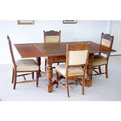 1920s English Oak Draw Leaf Extension Table with Four Edwardian Walnut Chairs