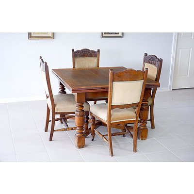 1920s English Oak Draw Leaf Extension Table with Four Edwardian Walnut Chairs