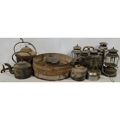 Vintage Fossicking Sieves, Camping Lanterns, Billy's and Teapots