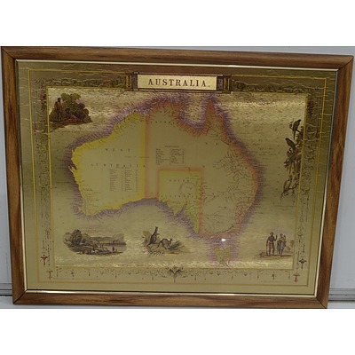 Gold Foil Map of Australia with Engraved Illustrations